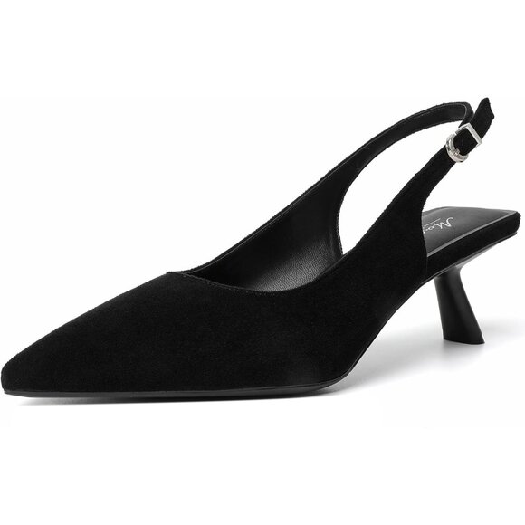 Mostrin Kitten Heel Black Suede Low Slingback Heels with Buckle Dress Shoes - Picture 1 of 9